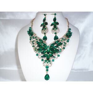 Green rhinestone necklace set, statement prom wedding drag queen necklace set